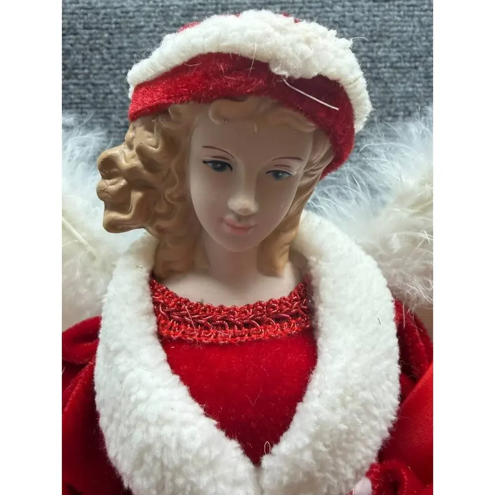 Christmas Angel Figurine Red Dress Feather Wings Holiday Decor